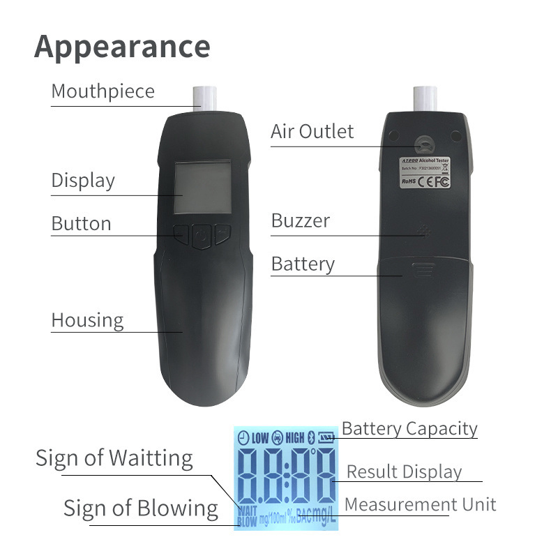 High-Precision WGSensor AT200 Fuel Cell Sensor Air Blowing Type Traffic Alcohol Tester with Battery for Drunk Driving Detection